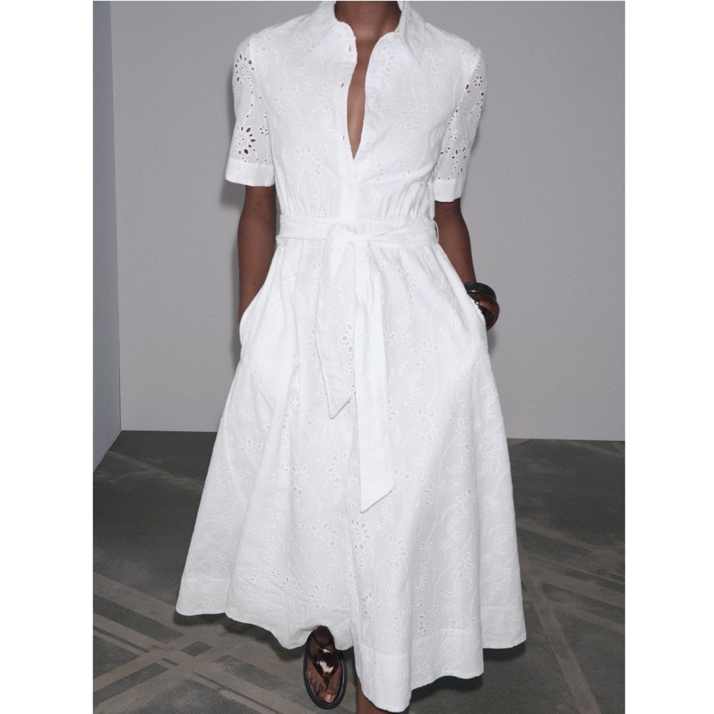 Zara White Eyelet Midi Dress - Picture 3 of 9
